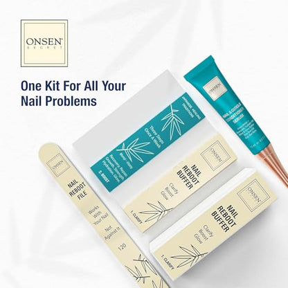 Onsen Secret Nail Care Kit - w/Cuticle Care Serum, Japanese Nail Buffer and Shine Kit - Strengthening & Shining - Spa-Quality Manicure - Organic Ingredients - Long-Lasting Shine - Easy & Safe - 1pk - size: Essential Nail Reboot Kit (Serum)