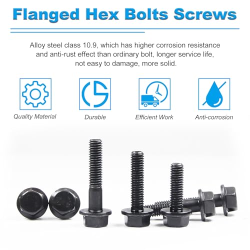 M6-1.0 x 12mm Flanged Hex Head Bolts Flange Hexagon Screws, External Flange Hex Drive Screws,Class 10.9 Black Finish,Alloy Steel, Fully Threaded, 58 PCS - size: M6x12mm