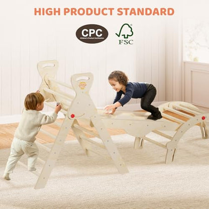 Pikler Triangle Set with Cushion, Wooden Toddler Climbing Toys Indoor | 8-in-1 Montessori jungle gym, foldable pikler triangle and wooden arch, birch plywood & beech round pole - color: Wood