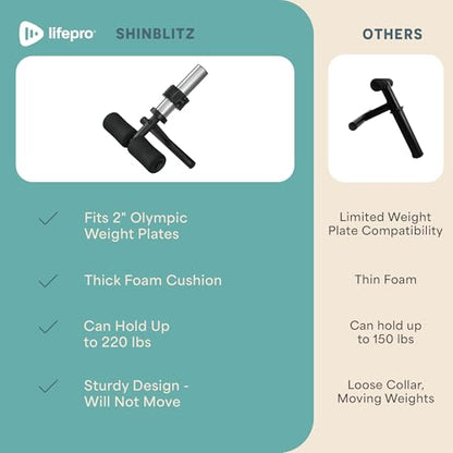 Lifepro Tib Bar for Knees Over Toes – ShinBlitz, 400 lb, 5-Yr Warranty | Anterior tib raise & dorsiflexion, padded clamp fits all shoe sizes, fits 1" & 2" Olympic plates, powder-coated steel, ankle