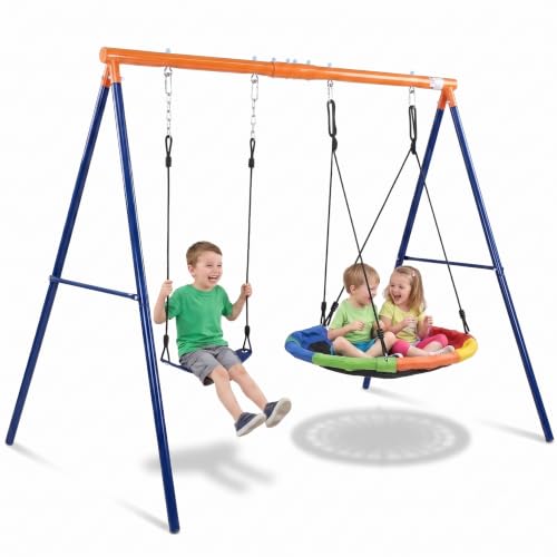 2 in 1 Swing Sets for Backyard, 440lbs Metal Stand with Saucer Swing | 32in Saucer & Belt Swing, A-Frame Steel, Ages 3-12, Adjustable Height, Ground Stakes, Outdoor Playground