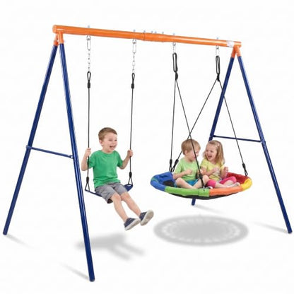 2 in 1 Swing Sets for Backyard, 440lbs Metal Stand with Saucer Swing | 32in Saucer & Belt Swing, A-Frame Steel, Ages 3-12, Adjustable Height, Ground Stakes, Outdoor Playground