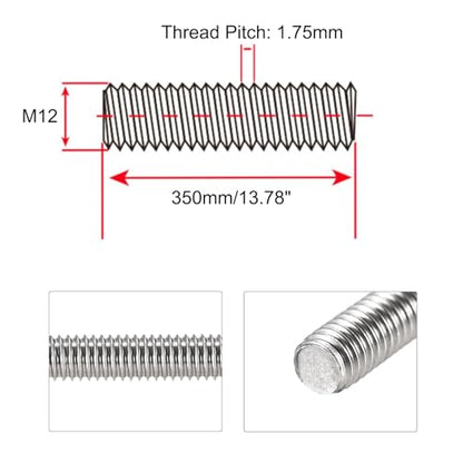 Fully Threaded Rod M12 x 350mm 1.75mm Thread Pitch, 304 Stainless Steel Right Hand Threaded Rods Bar Studs for Furniture Machinery Assembly 【with Nuts】 - size: M12 x 350mm