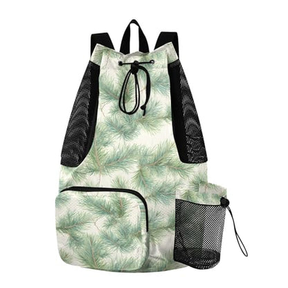 Yuiboo Pine Leafs White Drawstring Gym Bags for Men Women Climbing Gym Bag with Inside Pockets Cinch Sacks Waterproof