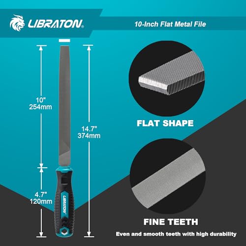 LIBRATON 10-Inch Flat Metal File, Metal File Tool, High Carbon Steel File | with Ergonomic Handle, Hand File for Metal, Metalworking, Wood, Plastic, Flat File for Refining, Shaping and Scraping