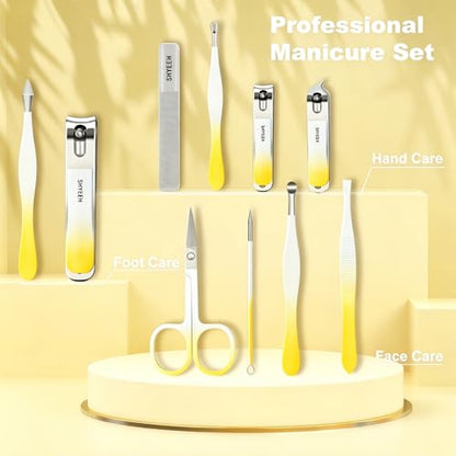 Manicure Set, 10 pcs High-Carbon Steel Nail Clippers Set, Portable Mini Manicure and Pedicure Kit, Travel Grooming Nail Kit with Leather Bag for Men and Women - color: Yellow