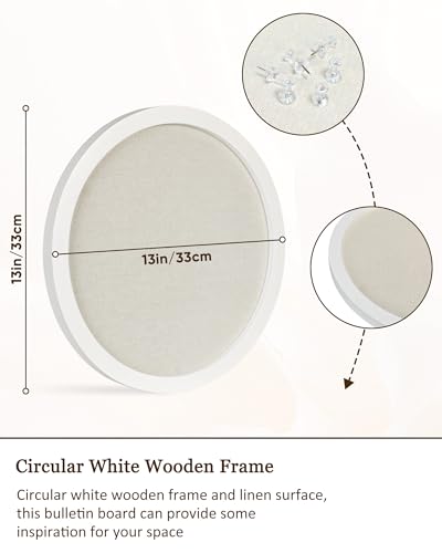Small Round Bulletin Board with Linen, 13 inches Diameter Bulletin Board with White Wood Frame, Decorative Hanging Pin Board Vision Board Message Board for Office School Home Decor(3333,1p)