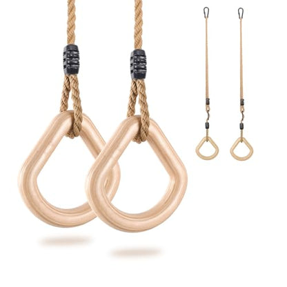 YAERSI Wooden Gymnastics Rings,Pull up Rings with Adjustable Buckle, Wooden Swing Rings for Kid's Home Exercise