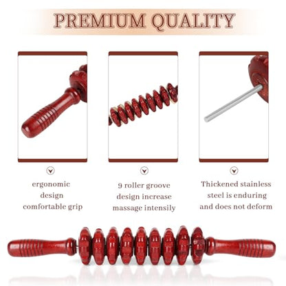 Liitrton Manual Wooden Massage Roller Stick for Legs, Body Roller, Red | Wood Therapy Massage Tools for Trigger Points Relief, Sore Muscle Recovery - color: Red Straight-9-wheel