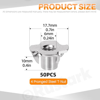50Pcs M6x10mm Nickle Four-jaw Tee Nuts Assortment Kit Metric T Nut 4 Pronged Tee Blind Nuts Threaded Insert for Wood Furniture Rock Climbing Holds Cabinetry - style: nickle plated 6x10MM 4-pronged tee nuts