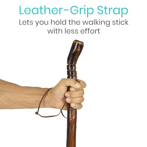 Vive Wooden Walking Stick for Hiking - Balance & Hiking Staff - Wood Walking Stick for Men, Women, Seniors - Strong, Non-Slip Wood Cane for Stability - Handcrafted, Waterproof, Leather Wrist Strap - style: 55 Inches