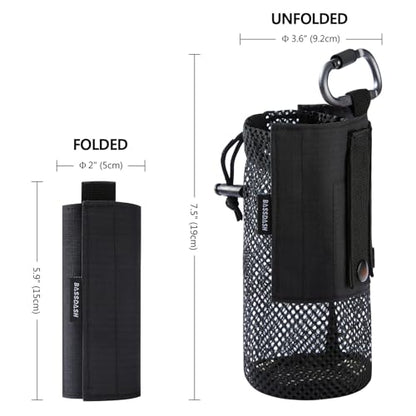 BASSDASH Tactical Molle Water Bottle Pouch with Carabiner Foldable Mesh Holder Bag for Travel Fishing Hunting Hiking Outdoor Activities - color: Black with Molle Straps
