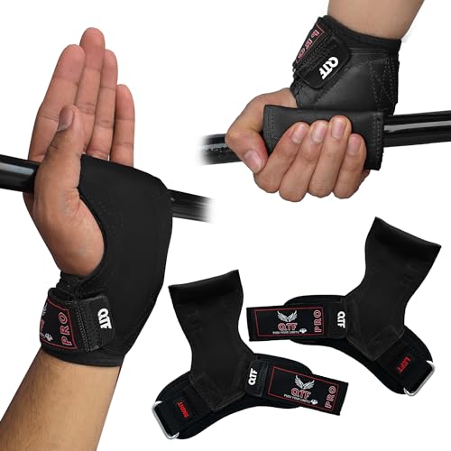 QTF Weight Lifting Grips (Pair) for Heavy Powerlifting, Wrist Straps for Deadlifts, Rows, Pull Ups, with Neoprene Padded Wrist Wraps Support and Strong Rubber Gloves or Straps for Bodybuilding. - color: Black, size: L