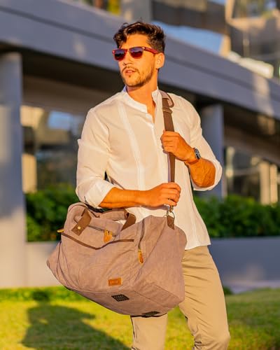 S-ZONE 65L Expandable Canvas Duffle Bag Travel Overnight Holdall Weekend Bag with Shoes Compartment Large Carry On Bag Tote Gym Bag for Men Women, Light Gray, X-Large, Travel Duffle | Water-resistant, X-Large Size, Multi-Pockets, Removable Shoulder Strap,