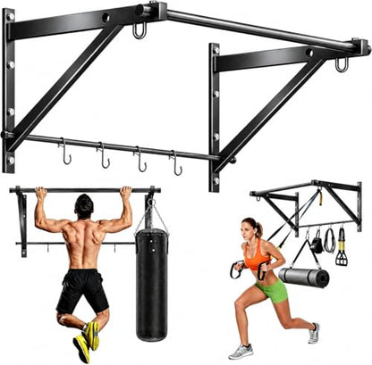 Adjustable Depth Pull Up Bar, Wall & Doorway Mounted Chin Up Bar with Hooks, Thickened Steel Construction, 500LBS Heavy Duty Capacity, Home Garage Upper Body Strength Training Equipment - color: Carbon Black