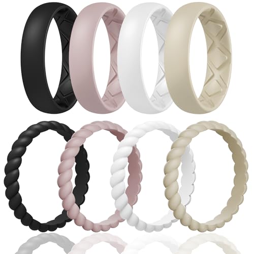 Egnaro Women's Stackable Silicone Rings, 2.5/5.5mm Wide 1.8/2mm Thick Bands | Comfort-Fit Rubber Bands Offer Breathable Flexibility for Nurses, Workouts, Pregnancy, Yoga, Travel, Office, and All-Day Wear - color: SETD4-Royal Black, Bright Peach, Princess