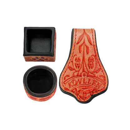 KONLLEN Leather Magnetic Chalk Holder, Pool Cue Accessory | Round or square engraved leather holder keeps billiard chalk secure and easy to reach during pool play. - color: VT Round Holder-Red