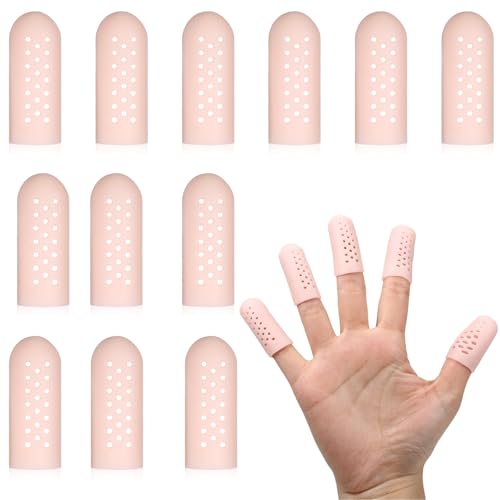 12 Pcs Gel Finger Cots with Air Holes, Breathable Silicone Finger Protectors Fingers Gloves Covers Bandages Thumb Nail Tips Protector Caps for Wound Healing Cracking Arthritis Toe Fingers Pain Relief