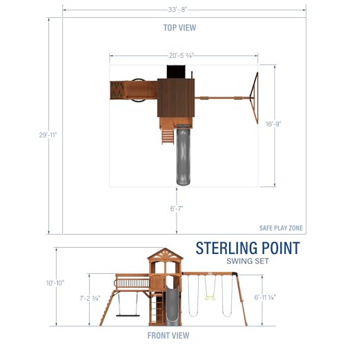 Backyard Discovery Sterling Point Cedar Wood Swing Set with Wave Slide, Raised Clubhouse, Wooden Bridge, Rock Wall, Belt Swings, Web Swing, Trapeze, Balcony, Climbing Wall, Ladder, Outdoor Playset - color: Grey Slide, style: Cedar