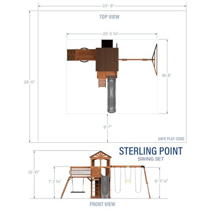 Backyard Discovery Sterling Point Cedar Wood Swing Set with Wave Slide, Raised Clubhouse, Wooden Bridge, Rock Wall, Belt Swings, Web Swing, Trapeze, Balcony, Climbing Wall, Ladder, Outdoor Playset - color: Grey Slide, style: Cedar