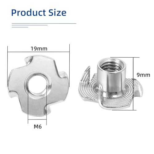 M6 T-Nuts, 304 Stainless Steel 4 Pronged Tee Nuts, Four-jaw Threaded Inserts for Rock Climbing Holds, Furniture, Cabinetry, Woodworking, Silver, 25 PCS - size: M6