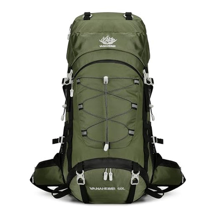 60L Travel Hiking Camping Backpack with Rain Cover, Backpack Water Resistant,Climbing Backpack for Men Women - color: Deep Green