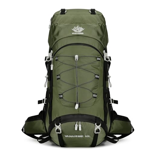 60L Travel Hiking Camping Backpack with Rain Cover, Backpack Water Resistant,Climbing Backpack for Men Women - color: Deep Green