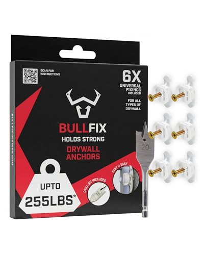 Bullfix Drywall Anchors and Screws Kit - Holds 255lbs - 6 Pack | Heavy Duty Drywall Anchors for Shallow Hollow Cavity, Dry Wall Screws, 13/16" Drill Bit, Dry Wall Kit - size: 6 Pack