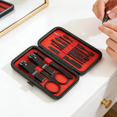 10 Pcs Manicure Set, Professional Portable Nail Care Kit with Nail Clippers, Nail Trimmer, and Grooming Tools for Home and Travel Use - color: 10 Pcs Black Red