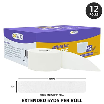 OK TAPE Athletic Sports Tape Bulk 12 Rolls 180yds White | for Athlete & Sport Trainers & First Aid Injury Wrap, Perfect for Fingers Ankles Wrist on Bat, Hockey Stick - size: 1.5" x 15yards - 12 Rolls