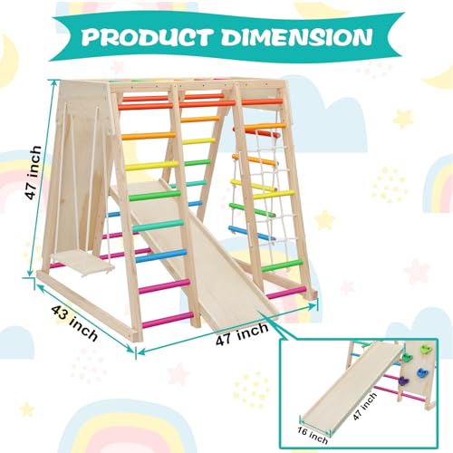 7 in 1 Pikler Indoor Playground Jungle Gym Playset, Wooden Montessori Climber with Slide, Rock Climb Wall, Monkey Bars, Rope Ladder, Climbing Rope and Swing for Kids（Rainbow）