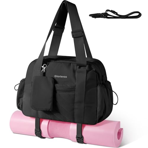 Small Gym Bag for Women - Duffle Weekender Work Duffel Carry on Tote Bag | Puffer Yoga Mat Holder Wet Compartment Coin Purse BPA-Free - color: Black