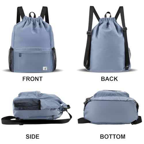 Drawstring Backpack with Mesh Pockets String Gym Bag Sackpack Sandproof Water Resistant Beach Backpack for Men Women - color: Slate Gray