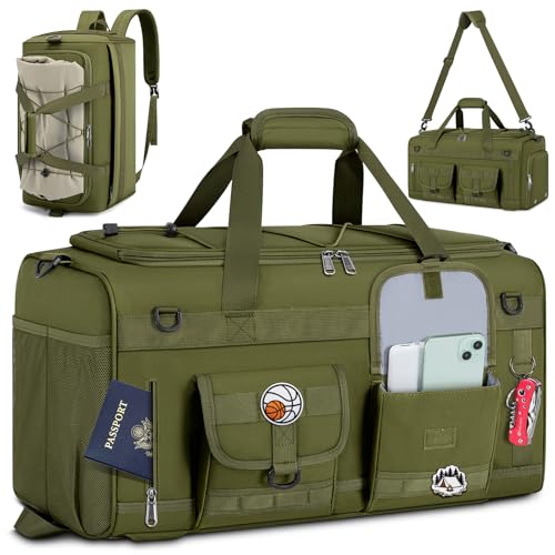 RAINSMORE 3 in 1 Gym Bag for Men, 45L Large Sports Duffle Bag with Shoe Compartment and Wet Pocket, Water-Resistant Tactical Backpack Carry On for Travel, Workout & Military Gear, Green - color: Green