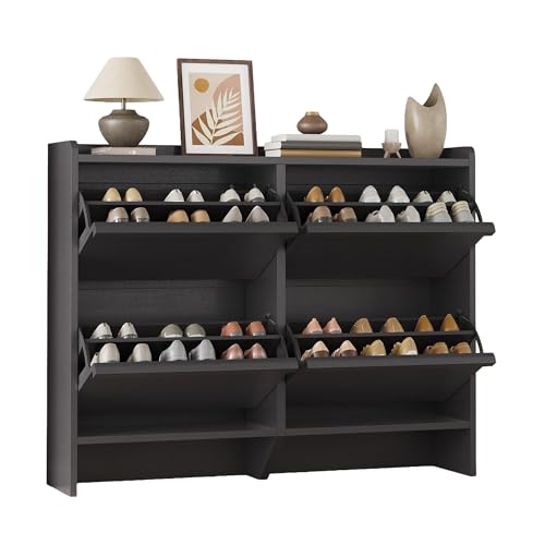 Takywep Flip Drawer Shoe Storage Cabinet for Entryway, Hidden Narrow Wooden Shoe Organizer with Removable Inner Shelves, Hallway Shoe Rack Cabinet, Multiple Options: 4 Drawers in Black Finishes - color: Black, size: 4 Drawers