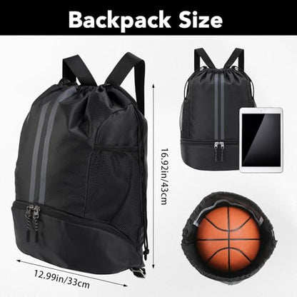 Drawstring Backpack Gym Bag, Waterproof String with Shoe Compartment, Black | 900D Oxford, Waterproof Divider, 2 Side Mesh Pockets, Adjustable Straps, 13 x 16.9 In, For Gym, Swim,Basketball,Beach