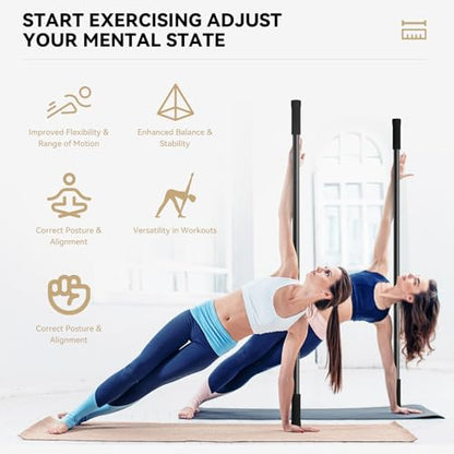 Krightlink Yoga Stick 5ft Adjustable Stretching Stick, Versatile Exercise Stick Non-Slip Ends and Sponge Handles for Fitness, Flexibility and Balance, Posture Correction - Black