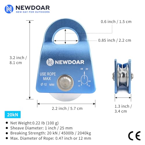 NewDoar Micro Mobile Single Pulley,20kN(4500 lb) Max Rope 1/2in for Rigging Arborist Climbing Rescue,CE Certified - color: One Unit (20KN Pulley Blue)