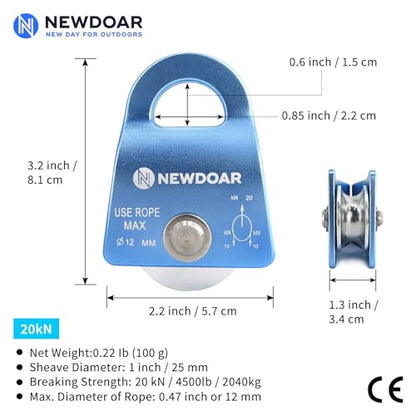 Micro Mobile Single Pulley,20kN(4500 lb) Max Rope 1/2in for Rigging Arborist Climbing Rescue,CE Certified - color: Pack of 2(20KN Pulley Blue)