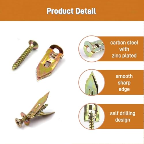 Self Drilling Drywall Anchors with Screws Kit, Premium Zinc Plated Steel Hollow Wall Anchors and Screws for Fixing TV, Cabinet, Curtains, 0.47"x1.18" Anchor & 0.31"x1.37" Screws (50pcs)