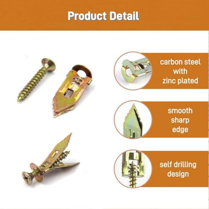 Self Drilling Drywall Anchors with Screws Kit, Premium Zinc Plated Steel Hollow Wall Anchors and Screws for Fixing TV, Cabinet, Curtains, 0.47"x1.18" Anchor & 0.31"x1.37" Screws (50pcs)