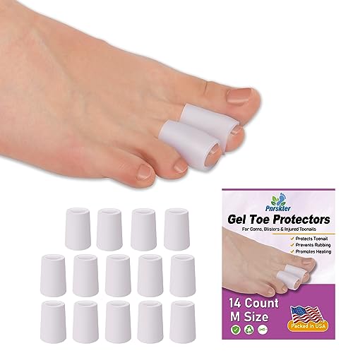 Pnrskter Silicone Toe Protectors, Toe Sleeves (14Pcs, Medium) | Toe Caps for Blisters, Corns, Hammer Toes, Rubbing, and Ingrown Toenails (Aloe Vera Extract Infused Silicone Materials) - size: M(14pcs)