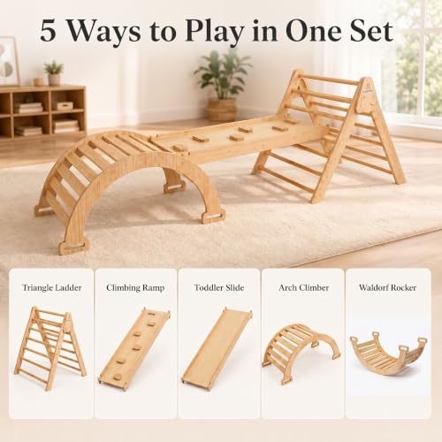 Avenlur 5-in-1 Pikler Triangle Set – Hazel Montessori Indoor Jungle Gym – Climbing Triangle, Waldorf Rocker, Toddler Indoor Climbing Toys, & Slide – Wooden Indoor Playground Playset, Ages 2-7 | Montessori Climbing Set & Indoor Playground: Triangle Ladder,