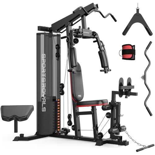 Sportsroyals Home Gym, Multifunctional Workout Station with Leg Press, 150LBS Weight Stack Full Body Workout Equipment for Home Exercise Fitness Strength Training - color: With Leg Press, Black+Red