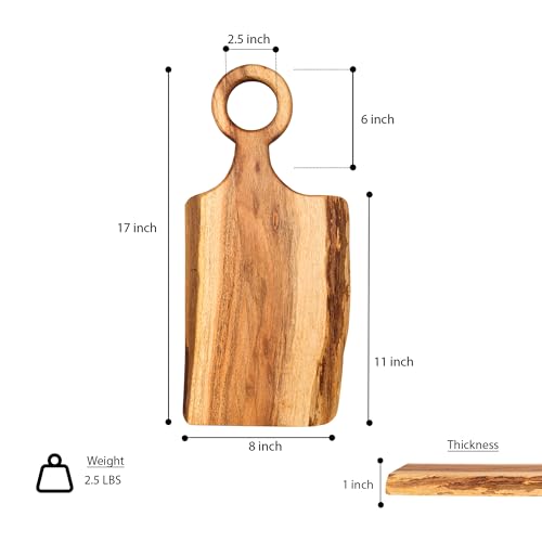 GoCraft Acacia Wood Live Edge Cutting Board – 17 x 8 Inch – with Round Handle – Paddle Shaped Rustic Cheese Board | Charcuterie Tray | Wooden Chopping Board for Kitchen | Food Serving & Display Tray