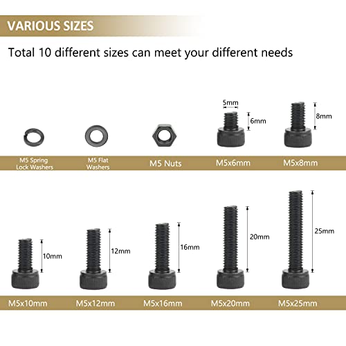 242 Pieces Black M5 x 6/8 /10/12 /16/20 /25mm Hex Socket Head Cap Screws Nuts Washers Assortment Kit, 12.9 Grade Alloy Steel - size: M5, style: Socket Head