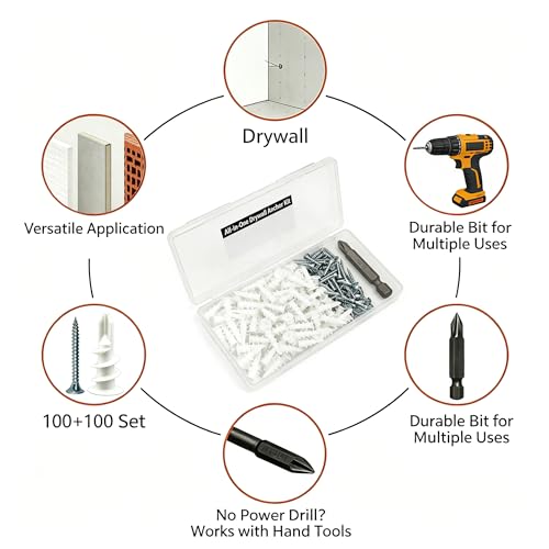 200Pcs Drywall Anchors and Screws Kit, 100Pcs Self-Drilling Plastic Wall Anchors with 100Pcs #8 Phillips Screws & PH2 Bit, Heavy Duty Anchors for Hanging Pictures, Shelves, Home Mounting - size: 1.38 Inch