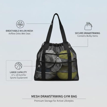 Mesh Drawstring Gym Bag, Breathable Nylon Storage for Wet Gear and Sports Equipment, 17 x 15 Inch (1 PC) - color: Black