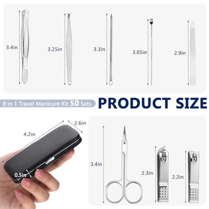 Geosar 50 Set 8 in 1 Travel Manicure Kit Bulk Professional Nail Clippers Pedicure Nail Care Tools Grooming Stainless Steel Set with Portable Travel Case, Gift for Valentine Men Women(Black) - color: Black