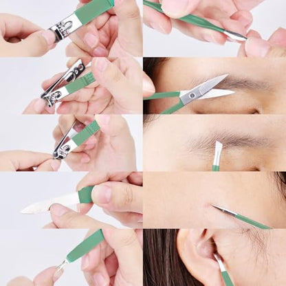 HANTEKAS Manicure Set 10 in 1 Stainless Steel, Nail Clippers Scissors Pedicure Tools Kit - Portable Travel Grooming Kit for Men and Women with Leather Case (Jade Green) - color: Jade Green
